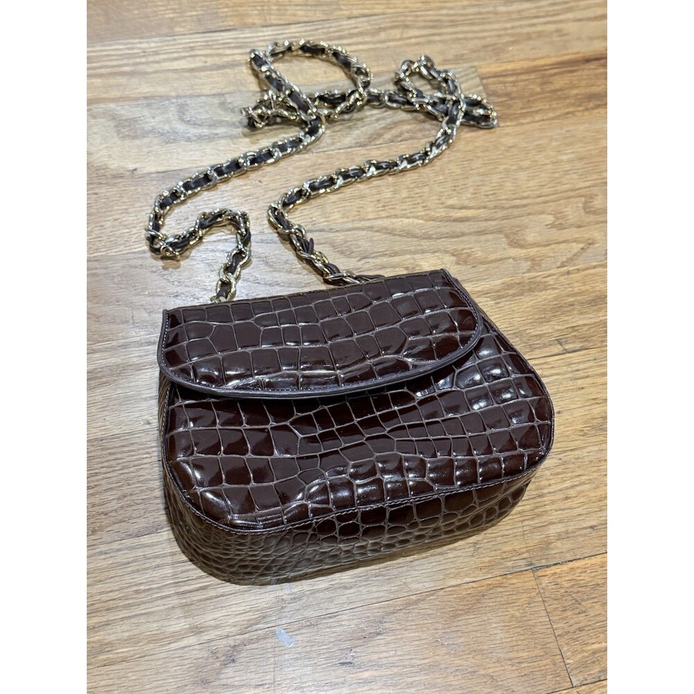 Vintage Italian Retta Wolff Gator Embossed Gold Chain Clutch Brown
